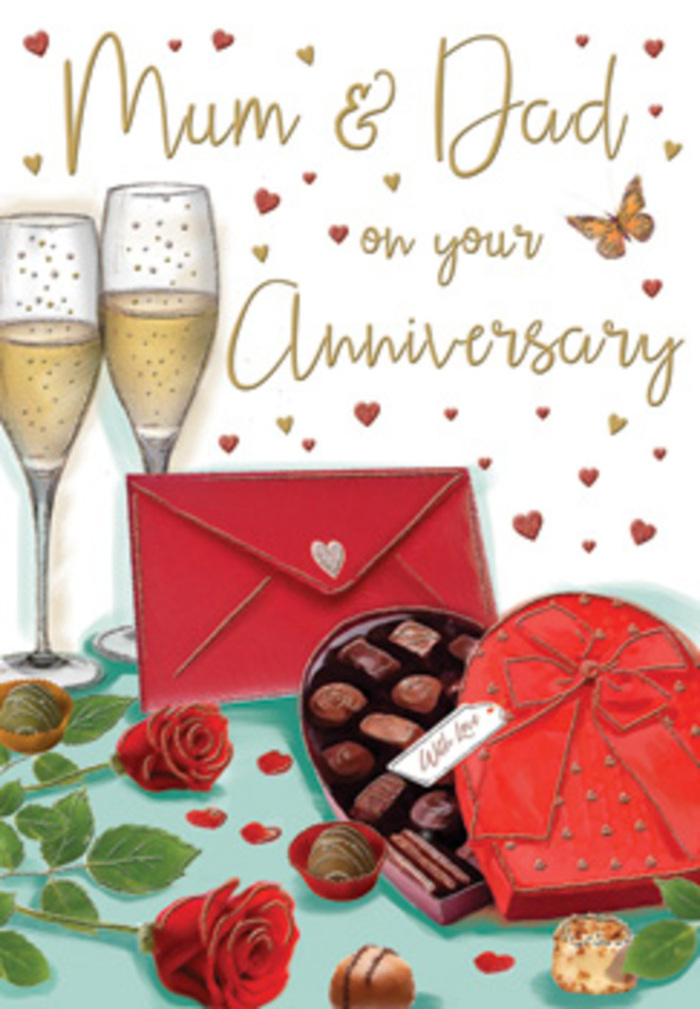 The imagery on this anniversary card reads like a painterly snapshot of an evening celebration in South Hackney, suffused with sweetness and affection. At the top, two tall, slim champagne flutes stand shoulder to shoulder, filled with pale golden champagne that glows as though catching the last light of day over London Fields. Tiny bubbles lift from the base of each glass, frozen mid-stream to capture a moment just before the first clink of a celebratory toast. Beneath them, an opulent heart-shaped box of chocolates serves as the central anchor of the composition. It is rendered in deep, romantic red, with a broad, sumptuous satin bow in matching scarlet draped across the lid, its loops and tails full of delicate shading that makes the ribbon look touchably soft. The lid is slightly ajar, revealing an orderly arrangement of chocolates nestled inside, each piece precisely outlined to suggest variation in flavour and texture. In front of the box, two bold red roses lie with gentle intention, their petals so densely layered they appear almost plush, recalling the feel of fresh blooms arranged by a skilled florist at Flowers South Hackney. Their green leaves add a crisp contrast, echoing nearby green spaces like Victoria Park. A few scattered chocolates add a slightly playful, informal touch, hinting at shared indulgence. To the side, a vivid crimson envelope sits sealed and ready, suggesting a private message of love, possibly for long-married parents. Surrounding the scene, fine golden accents and drifting crimson hearts float across the card's surface, interwoven with delicate hand-lettering that gives the whole layout a subtle, festive shimmer. The atmosphere is one of cosy romance and gratitude - like sitting at a familiar table in South Hackney, where roses, champagne, and chocolate mark another year of shared life.