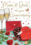 This illustrated anniversary card creates the impression of an intimate celebration set somewhere between the canals of South Hackney and the lively streets near Broadway Market, with every detail carefully considered. At the upper centre, two refined champagne flutes stand close together, filled to a perfect level with golden champagne. The glass catches gentle highlights, and the rising bubbles, drawn with fine dots and lines, convey a quiet sense of joy and expectation. Below, a heart-shaped box of chocolates in a rich, romantic red dominates the foreground. A dramatic, satin-finish bow in deep crimson lies smoothly across it, the ribbon's folds softly shaded to look almost three-dimensional. The box is slightly open, offering a glimpse of neatly arranged chocolates inside, each piece distinct and rounded, hinting at a mix of rich truffles and pralines ideal for sharing. In front of this centrepiece rest two vivid red roses, their velvety petals carefully layered and softly outlined to suggest fullness and softness, just like stems freshly chosen from a local South Hackney florist. The roses' green leaves curl naturally, adding vitality and contrast. A few chocolates are left scattered across the surface, as though someone has already reached in for a taste. Nearby, a scarlet envelope lies sealed and slightly angled, suggesting a handwritten anniversary message - perhaps for Mum & Dad or a couple who have built their life together here. Around the main elements, tiny gold and crimson hearts drift freely among graceful lettered words, casting a sense of movement and celebration. The overall effect is warm, indulgent, and deeply personal - a scene that could easily sit on a kitchen table in South Hackney, where champagne, roses, and chocolate honour another year of enduring love.